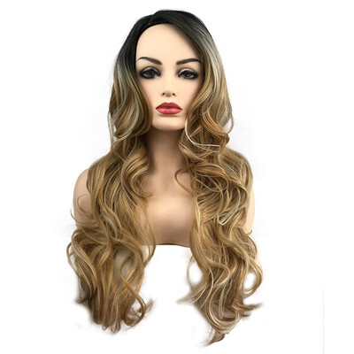 

StrongBeauty Long Wavy Ombre Black to Dark Blonde mix Synthetic Wigs for Women