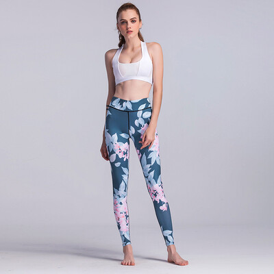 

Women Sport Leggings Contrast Floral Leaves Print High Waist Casual Skinny Workout Fitness Pants Blue