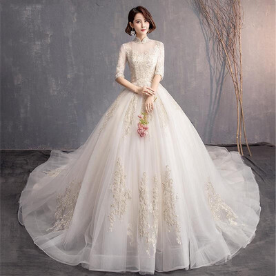 

2019 New Vintage Wedding Dress Luxury Half Sleeve High Neck Sweep Train Bridal Wedding Gown Dresses