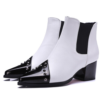 

IDIFU Womens Stylish Pointed Toe Rivets Studded Elastic Block Heel Ankle Boots