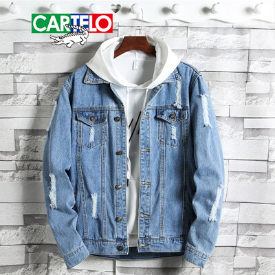 

CARTELO denim jacket mens 2019 spring new Korean version of the irregular hole youth loose denim jacket male 01 light blue M