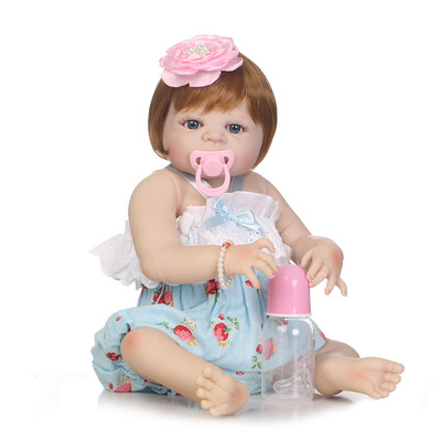 

Reborn Baby Girl Doll 22 inch Soft Full Silicone Vinyl Body Lifelike Toddler Doll Play House Bath Toy Gift for ages 3 With Blue