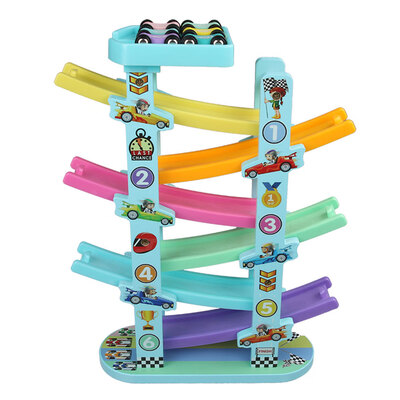 

Car Racing Game Wooden Railway Car Set Toy Ramp Race Track Ladder Gliding Rooler Coaster