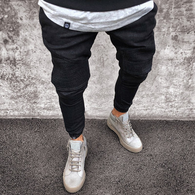 

Mens Black Pant Stretchy Ripped Skinny Biker Jeans Slim Fit Pleated Ripped Elasticity Male Tight Mid Waist Denim Pants