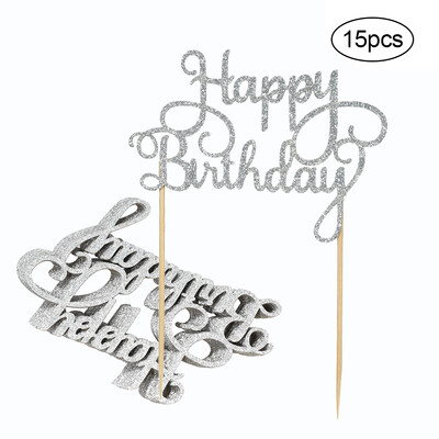 

15pcs Glitter Paper Happy Birthday Cake Topper Cupcake Dessert Decoration Supplies for Birthday Party Celebration--Mix Colors