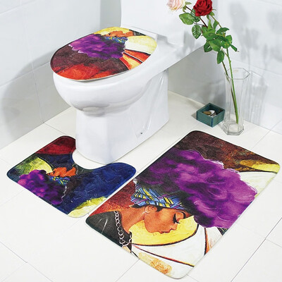 

3PCS African Woman Print Anti-slip Bath Contour Mat Toilet Lid Cover Rug