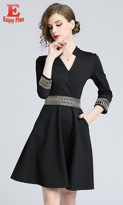 

M L XL XXL office new autumn 2018 dress women 34 sleeve black slim A line midi embroidery elegant lady