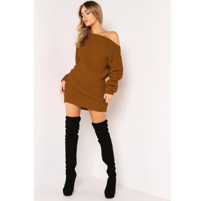 

Womens Long Sleeve Sweater Dress Off Shoulder Knit Dress Bag Hip Long Sweater