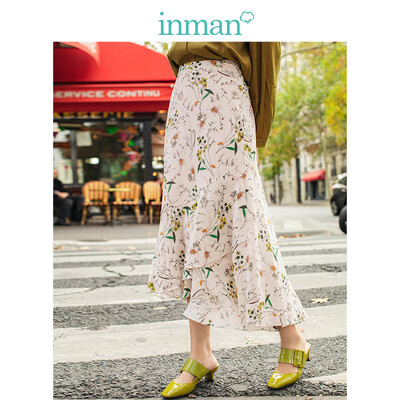 

INMAN 2019 spring new high waist was thin literary floral retro holiday wind casual A word half length skirt female 1891111494 meters white XL
