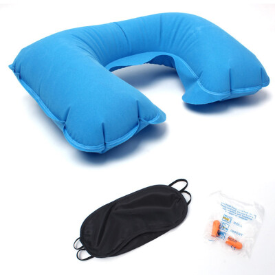 

Outdoor travel Sambo PVC flocking inflatable U-shaped pillow car travel soundproof earplugs blackout goggles three-piece blue