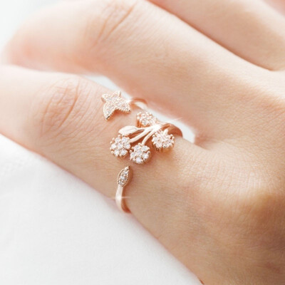 

Fashion plated Zircon Ring Butterfly with Dandelion Flowers Open Ring