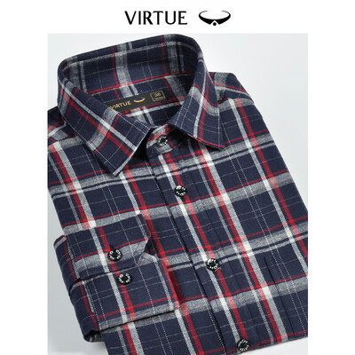 

Virtue rich cotton velvet plaid mens shirt 2019 spring new casual comfortable mens cotton sanded long-sleeved shirt FFC53034411 Navy blue 39