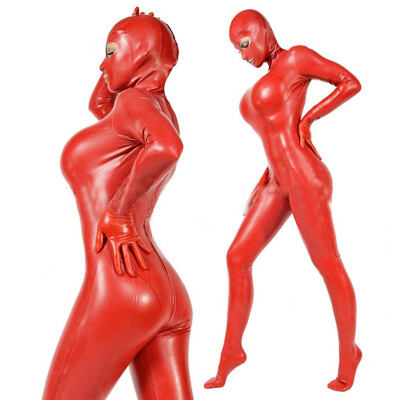 

Erotic Latex Bodysuit Rubber Hooded Coverall Catsuit Red Handmade Cosplay Mask -XXL