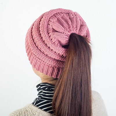 

Women Knitted Beanies Tail Hat Dome High Bun Ponytail Winter Cap Skullies Headwear