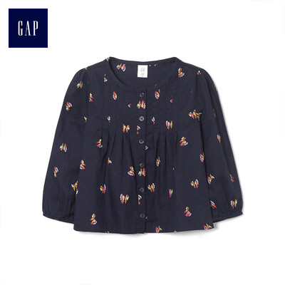 

GAP flagship store female young print pleated round neck long sleeve shirt 399240 fresh bean sand green 18-24M