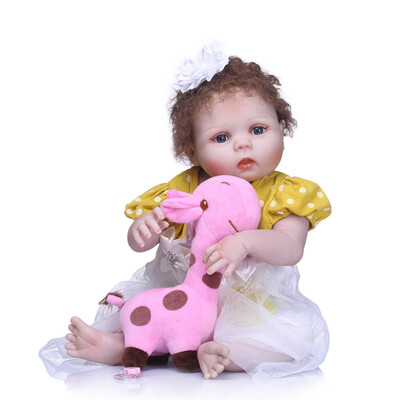 

Reborn Baby Girl Doll 22 inch Soft Full Silicone Vinyl Body Lifelike Toddler Doll Play House Bath Toy Gift for ages 3 With Yellow