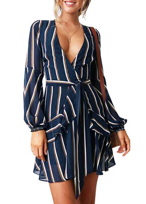 

Women Dress Contrast Stripes Print Deep V Long Sleeve Waist Tied Bandage Ruffle Mini Sexy One-Piece