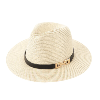 

Fashion Unisex Sun Hat Straw Hat Solid Wide Brim Metal Belt Summer Sunbonnet Beach Panama Hat BrownBeige
