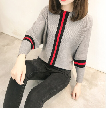 

2018 autumn&winter new Korean version vertical bar color stripe loose show thin sweater female bat sleeve knitted sweater