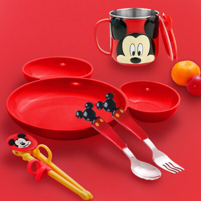 

Disney childrens tableware baby dinner plate with lid single handle water cup chopsticks spoon fork set combination 5 sets Mickey