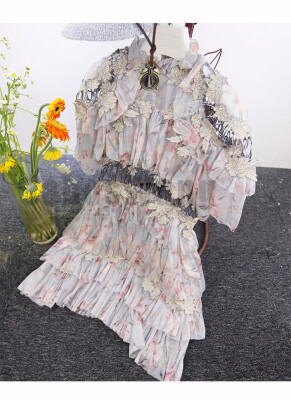 

New Embroidery dress Europe summer midriff printed long dress heavy lace openwork layered cake