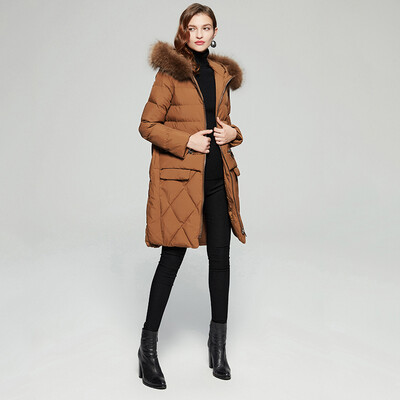 

Her pool womens 2018 winter new hooded folds long section cover meat slimming cotton clothing with fur collar warm cotton coat T74H2987A1735L caramel color