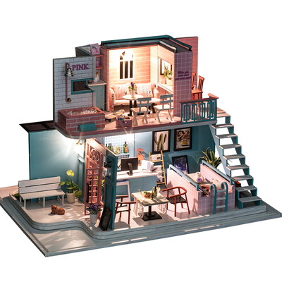 

Miniature Super Mini Size Doll House Building Model Kits Wooden Furniture Toys DIY Dollhouse Pink Cafe