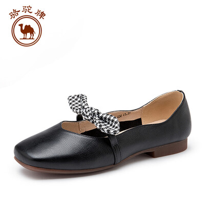 

Camel brand single shoes womens fashion casual leather bow shallow mouth comfortable flat bottom W91504521 black 37235 yards