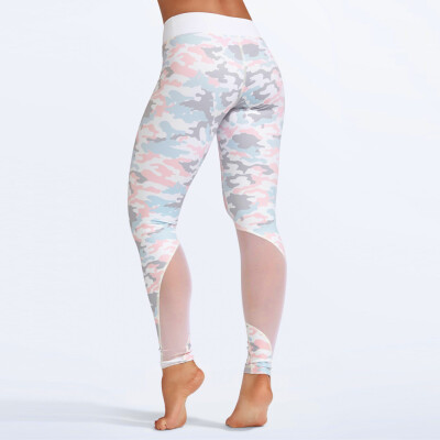 

Fashion Women Camo Print Mesh Splice Yoga Pants Gym Stretch Leggings Fitness Running Trousers Blue