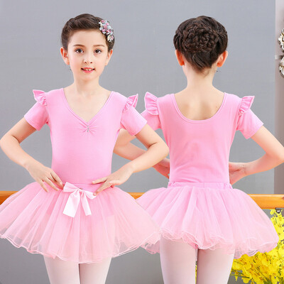 

Chic childrens dance costume girls spring&summer childrens exercise clothes costumes suits one-piece clothes ballet skirt short sleeve pink 4XL
