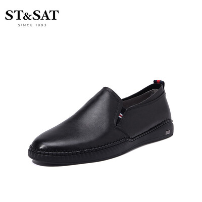 

Saturday Mens Shoes ST&SAT Fashion Cow Leather Comfortable&Wearable One-legged Driving Breathable Joker Casual Shoes SS91129802 Black 43