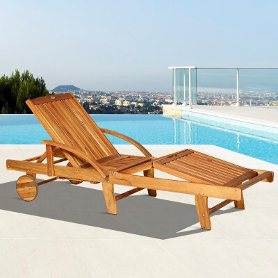 

Acacia Wood Folding Patio Sun Lounger with Wheels&Pull-Out Tray