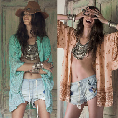 

Women Summer Shirt Kimono Boho Cardigan Vintage Print Blouse Loose Beach Cover Up Outerwear OrangeGreen