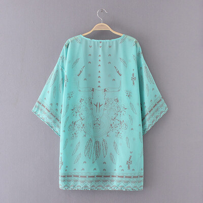 

Women Summer Shirt Kimono Boho Cardigan Vintage Print Blouse Loose Beach Cover Up Outerwear OrangeGreen