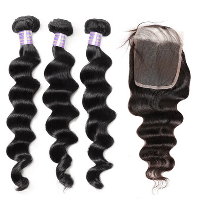 

Brazilian Remy Human Hair Weave Deep Loose Hair 3pcs Bundles with Lace Closure Virgin Cheap Extensions
