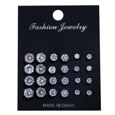 

12 PairsLot Simple Cubic Alloy Earrings Men Women 6 Claws Round Zircon Ear Nail Ladies Fashion Charm Ear Stud Set Wedding Jewelry