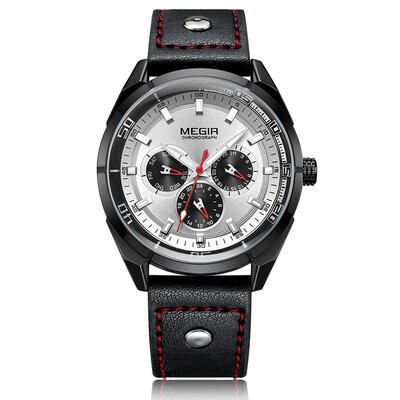 

MEGIR Chronograph Sport Watch Men Clock Quartz Leather Strap Luminous Wristwatch
