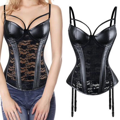 

SLIMBELLE Womens Steampunk Gothic Lace Corset Bustier Faux Leather Bra Lingerie