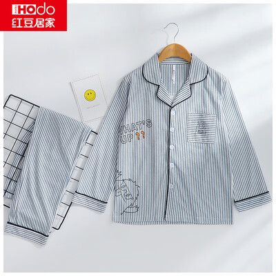 

Red Bean Home Hodohome Children Pajamas Boys Cotton Long Sleeve Stripes Big Boy Spring&Autumn Style Home Service Set Boy Blue 15072