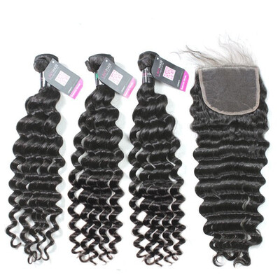 

Superior Grade mix 3 bundles with 44 lace closure Brazilian Deep wave Virgin Human hair extensions