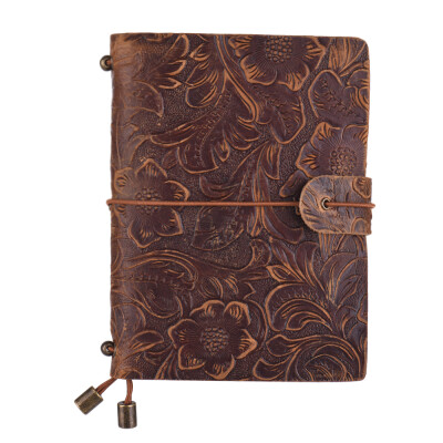 

Vintage Full Grain Leather Refillable Travel Journal Notebook Diary Embossed Flower Pattern Daily Notepad Cover with Elastic Strap