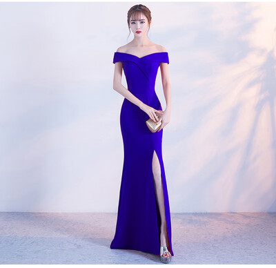 

Mermaid Split Sexy Boat Neck Long Evening Dress Elegant Off The Shoulder Solid Color Host Party Dinner Evening Dress
