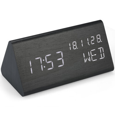 

Triangular Wooden LED Digital Sound Control Alarm Clock USBBattery Powered Dimmer Thermometer Clock with 3 Alarms Weekday Alarm