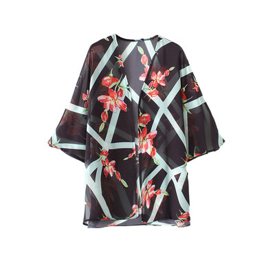 

Vintage Women Chiffon Beach Kimono Floral Irregular Geometric Print Open Front Loose Thin Boho Cardigan Black
