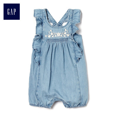 

GAP flagship store baby basic layered ruffled denim jumpsuit 231405 denim color denim 52cm 0-March