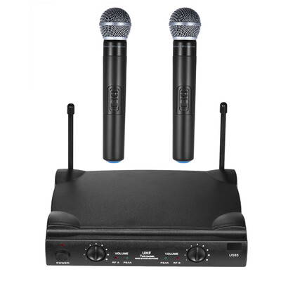 

UHF Dual Channels Wireless Microphone Mic System with 1 Receiver 2 Handheld Microphones 635mm Audio Cable Power Adapter for Karao