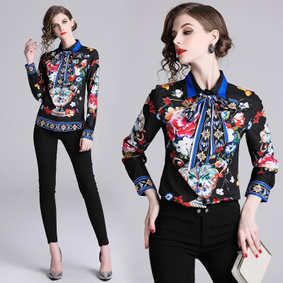 

L XL XXL vintage new spring 2019 women blouse shirt long sleeve black flower digital print office top lady with bow