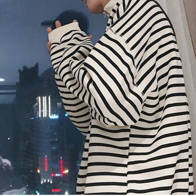 

Fashion wind zipper super fire striped sweater mens capless Korean version of the loose long-sleeved shirt trend wild men