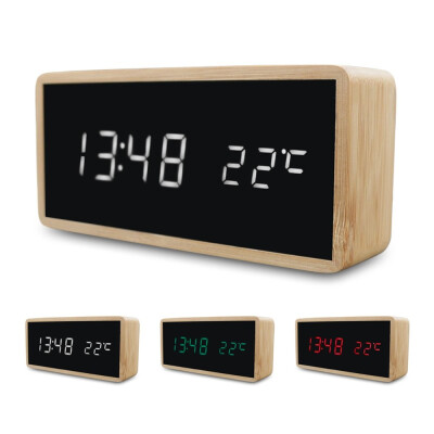 

Bamboo Wooden Alarm Clock LED Display with Mirror Temperature Digital Watch