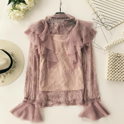 

elegant flare sleeve mesh shirts two piece set shirt